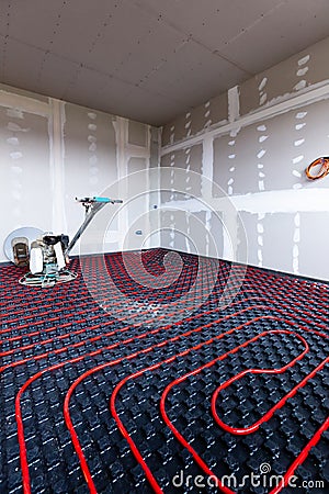 Floor heating in a new building. Interior design and finishing industry Stock Photo