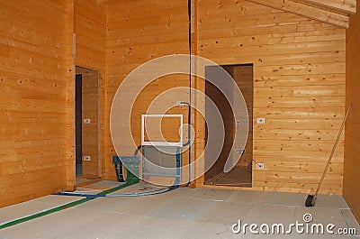 Floor Insulation in New Wooden House Stock Photo
