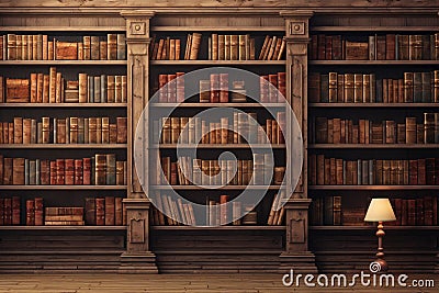 Floor lamp in front of vintage bookshelf and old books stacked on shelves. Generative ai Stock Photo