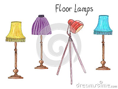 Floor lamps collection. Watercolor sketchy illustrative set of lamps Stock Photo