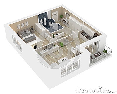 Floor plan of a house view 3D illustration Cartoon Illustration