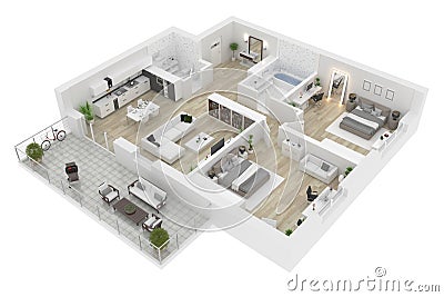 Floor plan of a house view 3D illustration Cartoon Illustration