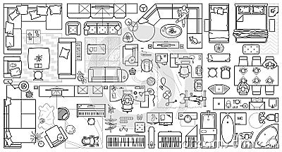 Floor plan icons set for design interior and architectural project view from above. Furniture icon in top view. Vector Vector Illustration