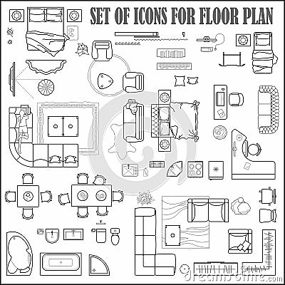 Floor plan icons set for design interior and architectural project view from above. Furniture thin line icon in top view for lay Vector Illustration