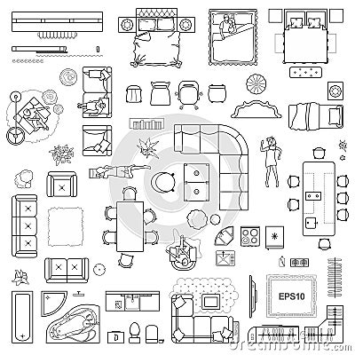 Floor plan icons set for design interior and architectural project view from above. Furniture thin line icon in top view Vector Illustration