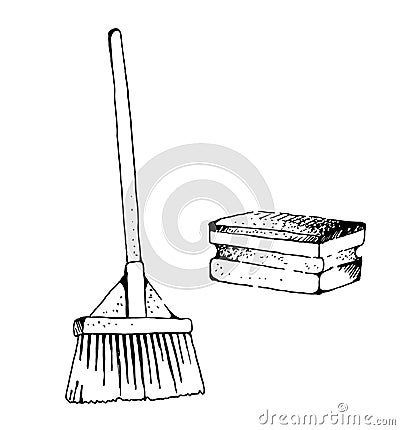 Floor plastic broom and sponge, hand drawn vector illustration of cleaning tools Vector Illustration