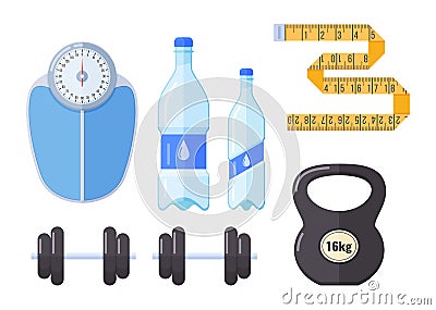 Floor scales, bottled clean water, tape for measuring waist, body. Vector Illustration