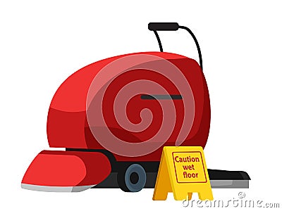 Floor scrubber cleaning equipment and warning sign Vector Illustration