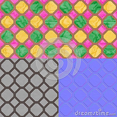 Floor tiles seamless generated texture (diffuse, bump, normal) Stock Photo