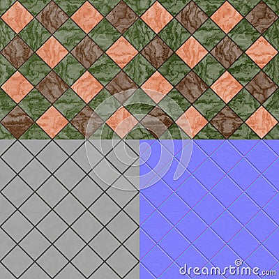 Floor tiles seamless generated texture (diffuse, bump, normal) Stock Photo