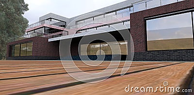 The flooring is brown decking in the yard of an advanced mini hotel. Red brick, marble, entrance to the building. 3d render Stock Photo