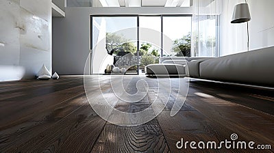 The flooring is covered with a lavish dark wood flooring creating a dramatic contrast against the white ceiling. The Stock Photo