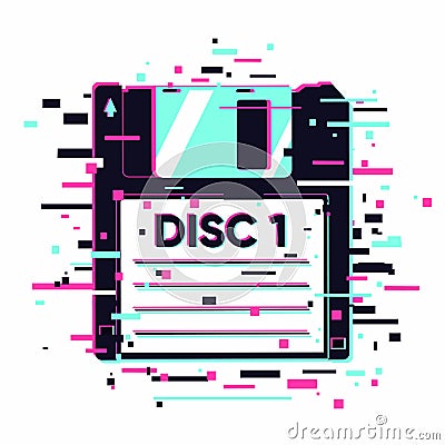 Floppy disc with glitch effect. Information data concept. Retro diskette with neon colors. Vector Illustration