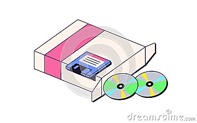 Floppy disk and discs in 90s retro style. Diskettes for saving information, data. Memory, backup container symbol Vector Illustration