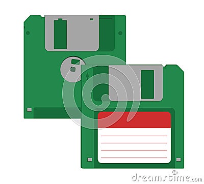 Front and back green magnetic floppy disk. Digital data device. Flat style. White background. Vector Illustration
