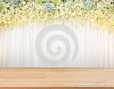 Flora backdrop with wooden floor and white cloth Stock Photo