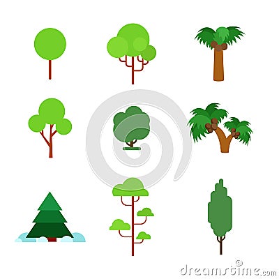 Flora plant green trees vector flat icon: pine fir palm spruce Vector Illustration