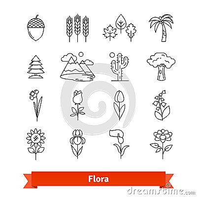 Flora thin line art icons set. Plants life Vector Illustration