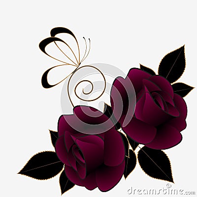 Floral abstract background with burgundy roses and butterfly. Vector Illustration