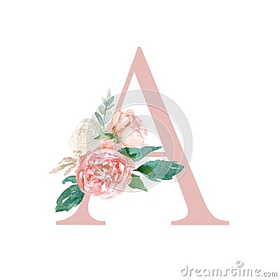 Floral Alphabet - blush / peach color letter A with flowers bouquet composition Stock Photo