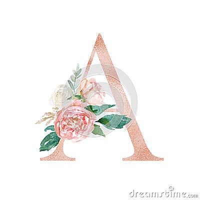 Floral Alphabet - blush / peach color letter A with flowers bouquet composition Stock Photo