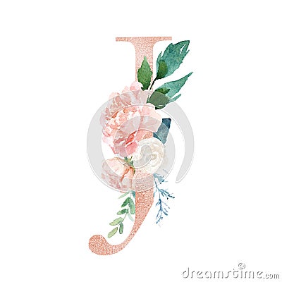 Floral Alphabet - blush / peach color letter J with flowers bouquet composition Stock Photo