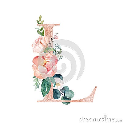 Floral Alphabet - blush / peach color letter L with flowers bouquet composition Stock Photo