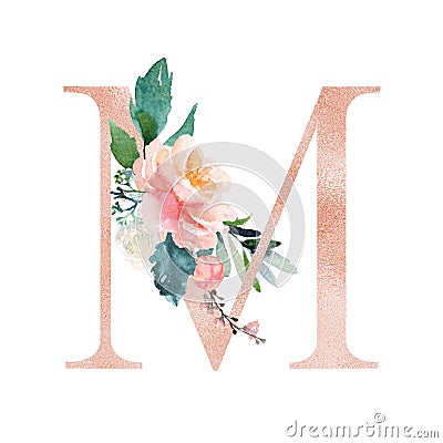 Floral Alphabet - blush / peach color letter M with flowers bouquet composition Stock Photo