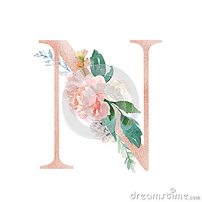 Floral Alphabet - blush / peach color letter N with flowers bouquet composition Stock Photo