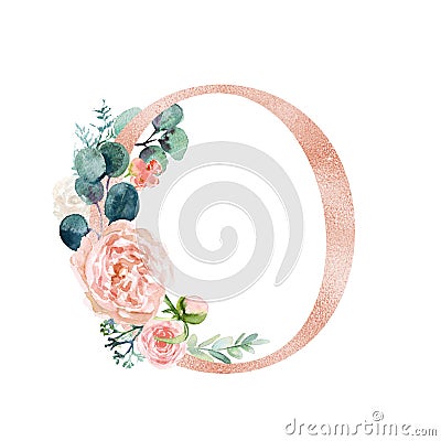 Floral Alphabet - blush / peach color letter O with flowers bouquet composition Stock Photo