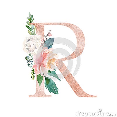 Floral Alphabet - blush / peach color letter R with flowers bouquet composition Stock Photo