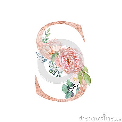 Floral Alphabet - blush / peach color letter S with flowers bouquet composition Stock Photo