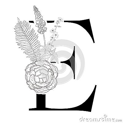 Floral alphabet. Decorative serif letter. Vector Illustration