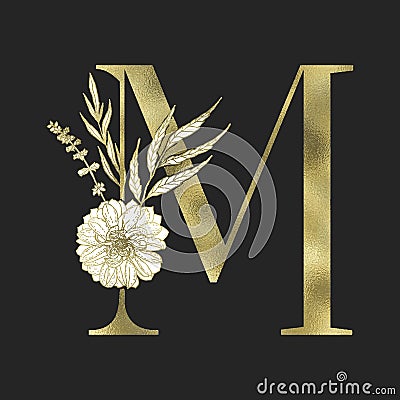 Floral alphabet and gold serif letter. Vector. Vector Illustration