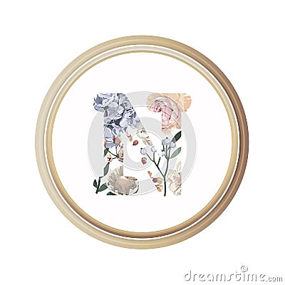 Floral alphabet N of romance greeting card and flower and leaf vector with circle wooden flame Vector Illustration