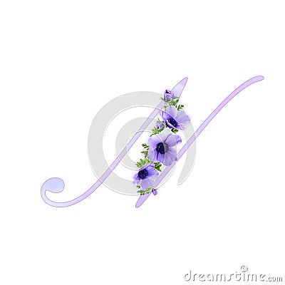 Floral alphabet, purple lilac romantic letter N, isolated design element Stock Photo