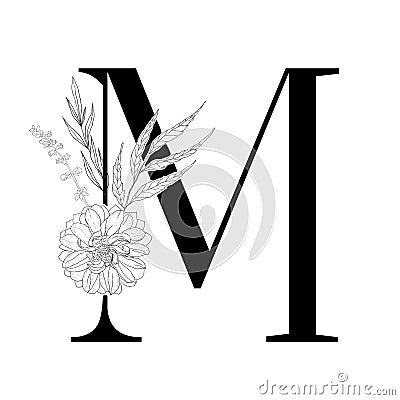 Floral alphabet. Decorative serif letter. Vector Illustration