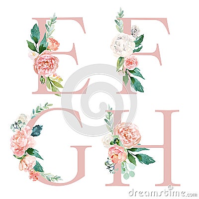 Floral Alphabet Set - letters E, F, G, H, with flowers bouquet composition Stock Photo