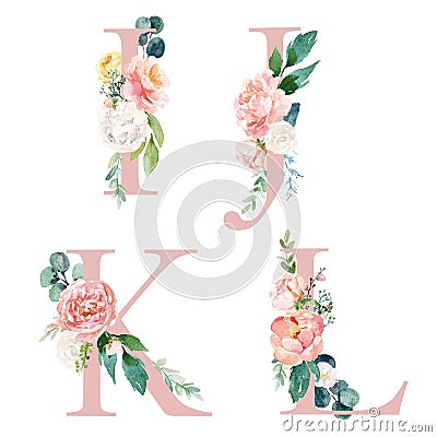 Floral Alphabet Set - letters I, J, K, L, with flowers bouquet composition Stock Photo