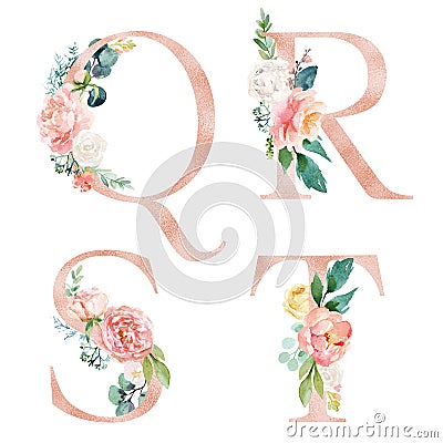 Floral Alphabet Set - letters Q, R, S, T, with flowers bouquet composition Stock Photo