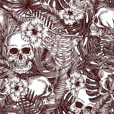 Floral anatomy. Halloween tropical vintage seamless pattern. Creppy jungle skull background. Vector Illustration