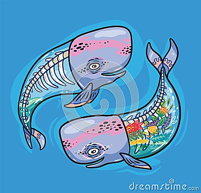 Floral anatomy whales in cartoon style. Vector illustration Vector Illustration