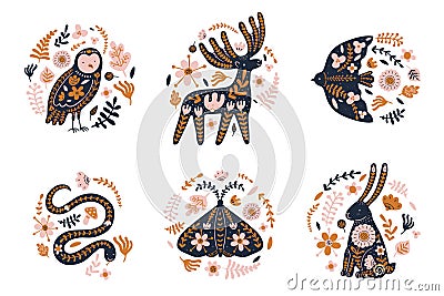 Floral animal emblems. Forest scandi fauna with flowers and leaves, folk compositions, forest creatures wildlife Vector Illustration