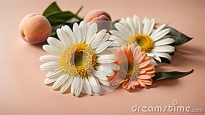 Floral arrangement - several chamomile and gerbera flowers on a peach background. Generative AI Stock Photo