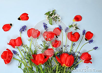 Floral arrangement with tulips, forget-me-nots and muscari. Minimal template for design. Concept for Women's Day, Stock Photo