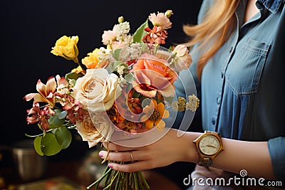 Floral artistry Careful hands fashion a lovely bouquet from a colorful assortment Stock Photo