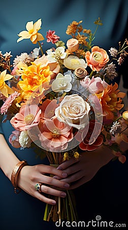 Floral artistry Careful hands fashion a lovely bouquet from a colorful assortment Stock Photo