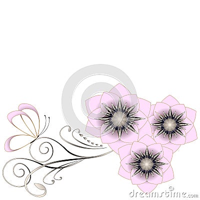 Floral background with abstract pink flowers and butterfly on a white background. Vector Illustration