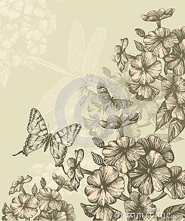 Floral background with blooming phlox and flying b Vector Illustration