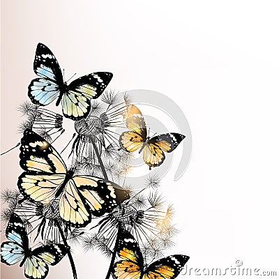 Floral background with butterflies and dandelions Cartoon Illustration